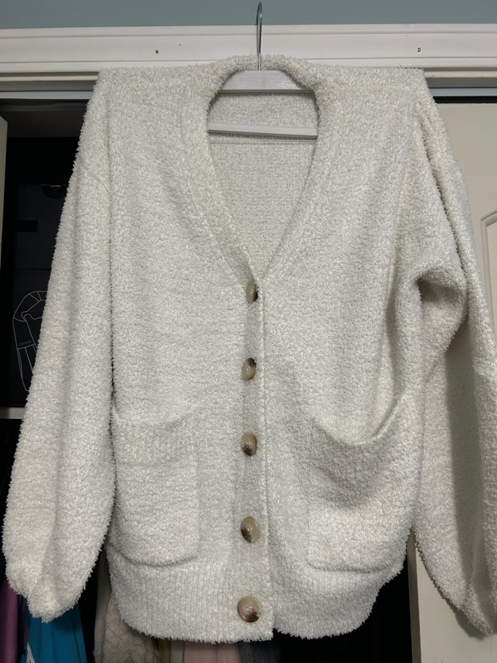 SHEIN Cream Soft Button-Front Fuzzy Cardigan